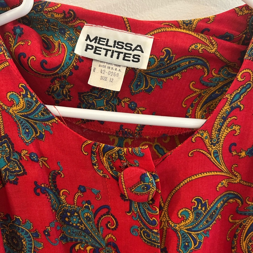Vintage Melissa Petites Red Dress with Matching Belt Size 12 Paisley Print - Picture 4 of 5